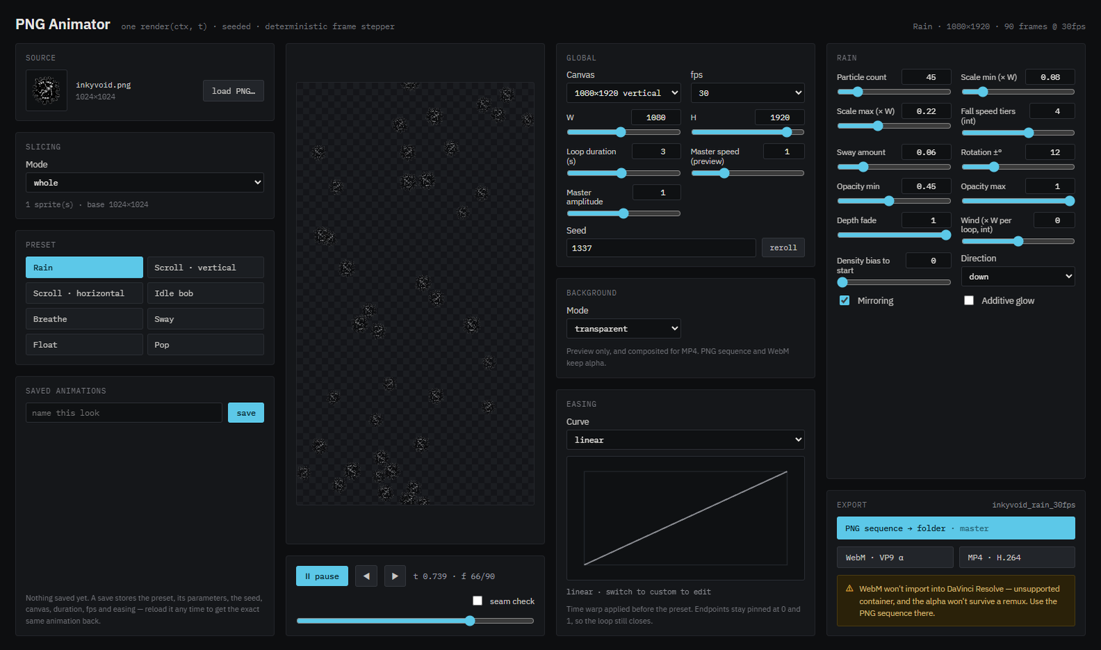 The PNG Animator interface, with a logo raining down the preview canvas