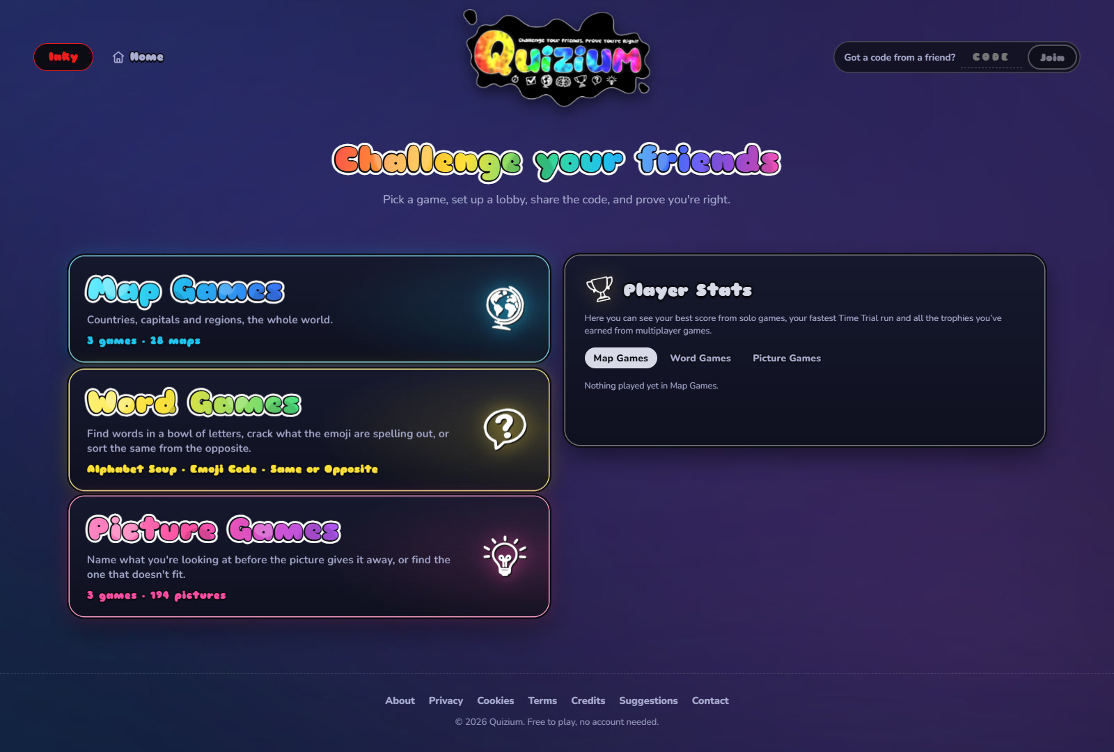 The Quizium home screen: Map, Word and Picture game categories beside a Player Stats panel