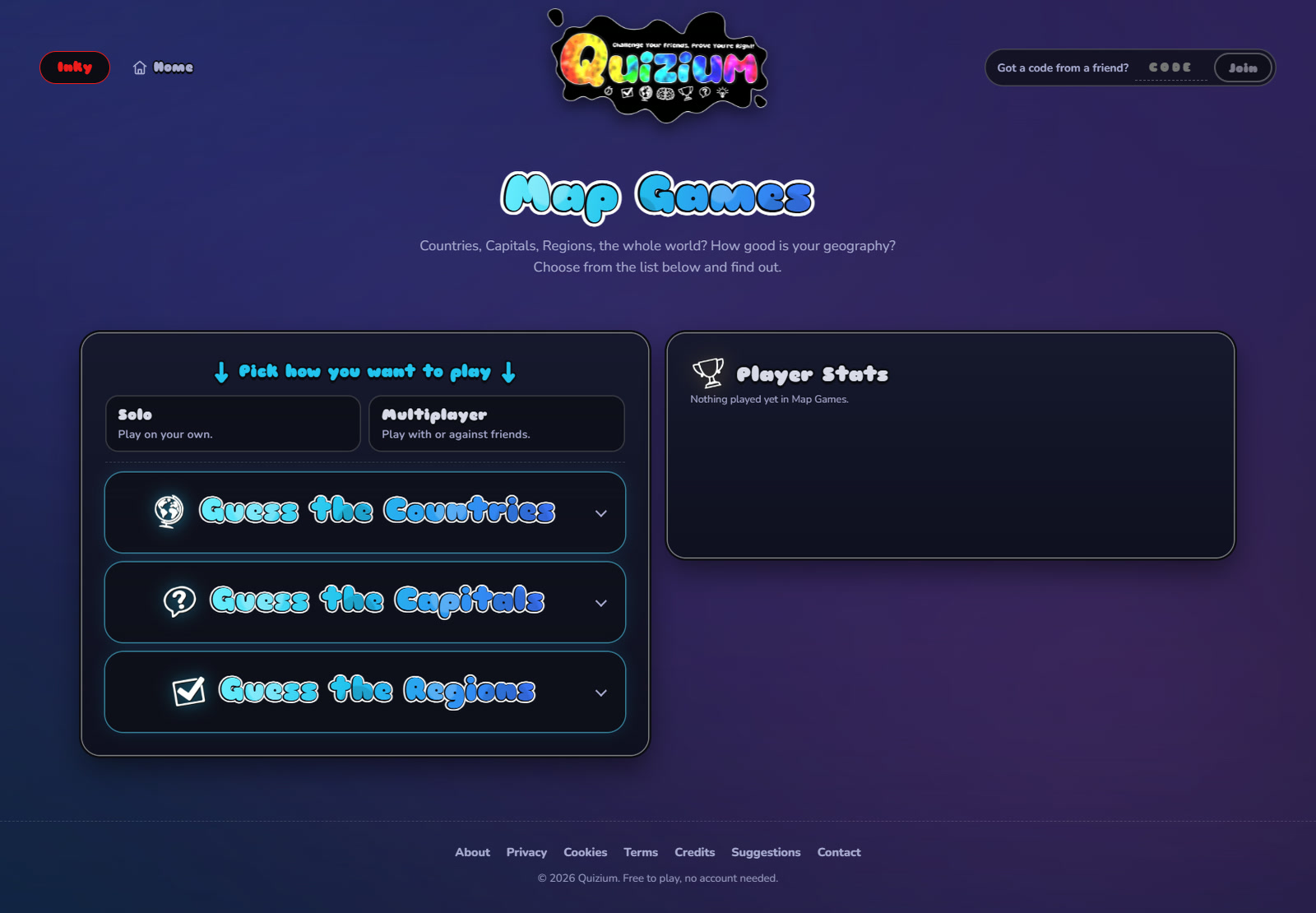 The Map Games page: Solo and Multiplayer options above Guess the Countries, Capitals and Regions