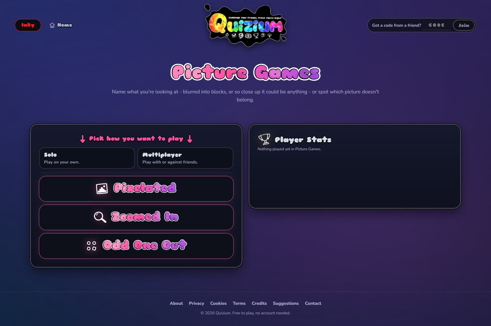 The Picture Games page listing Pixelated, Zoomed In and Odd One Out