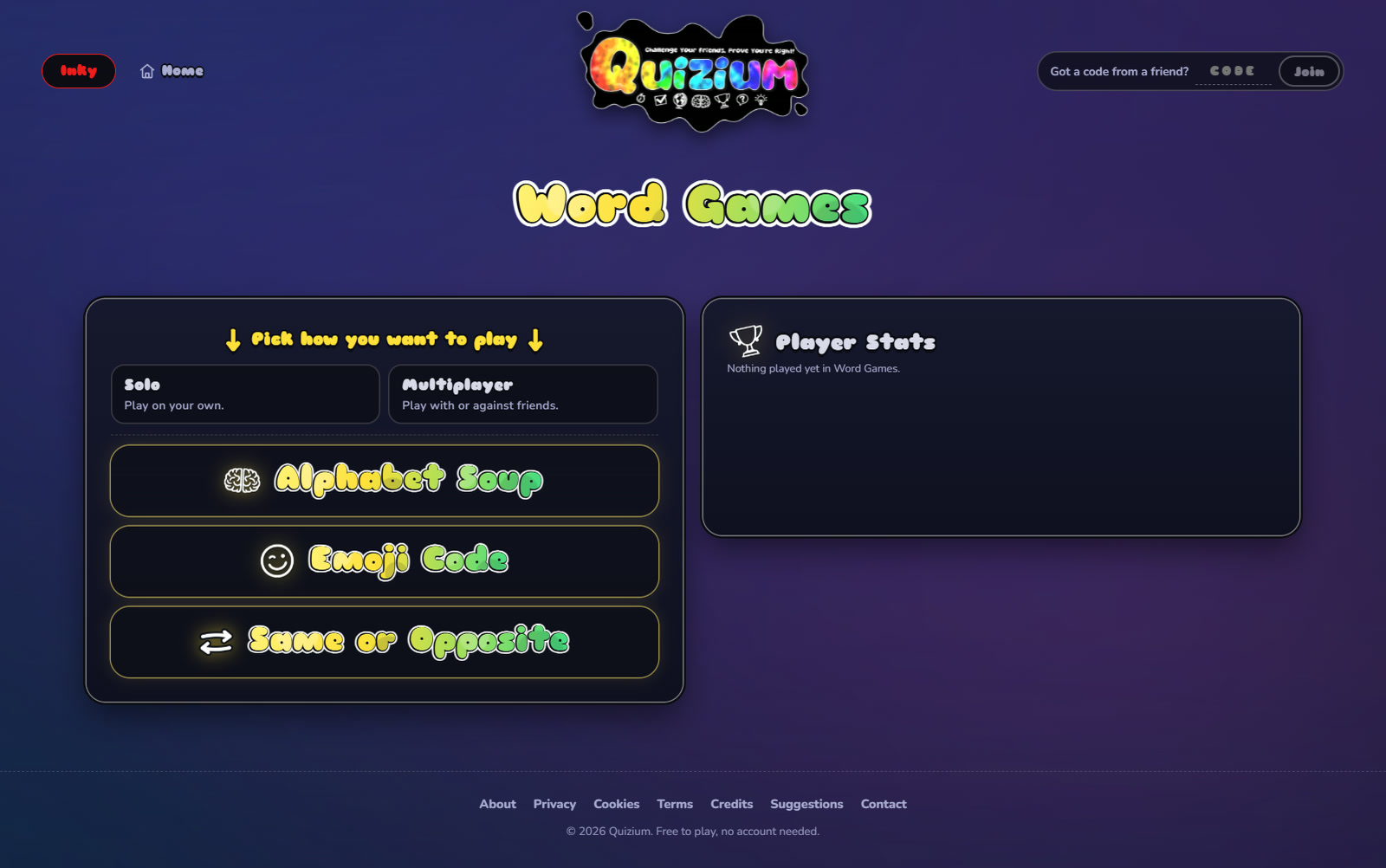 The Word Games page listing Alphabet Soup, Emoji Code and Same or Opposite