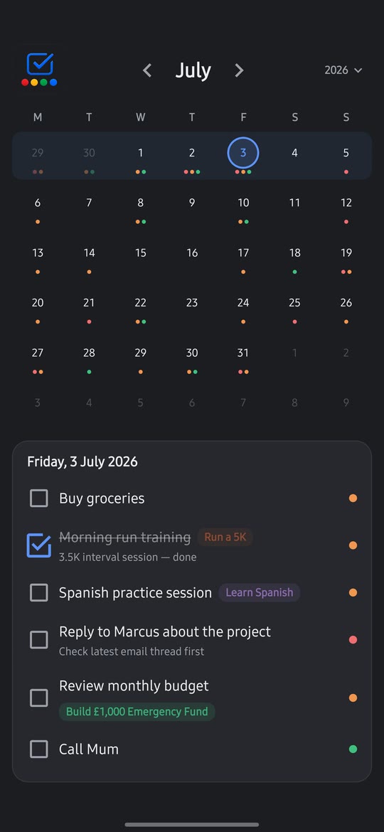 The month calendar with per-day markers