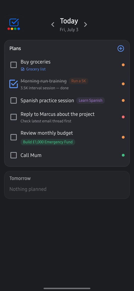 The daily view, listing the day's plans