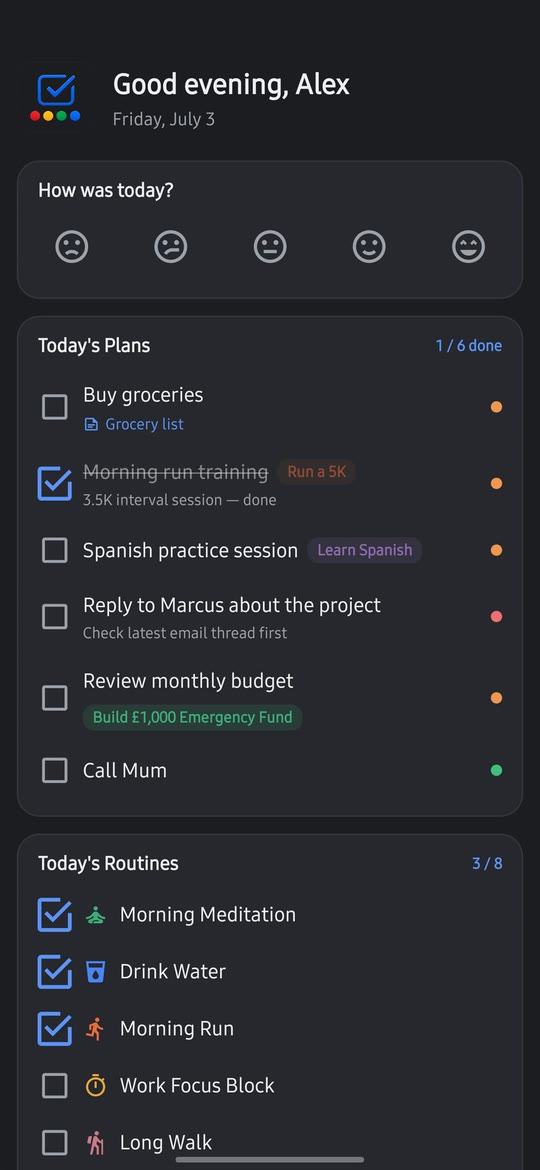 The dashboard: today's mood, plans and routines at a glance