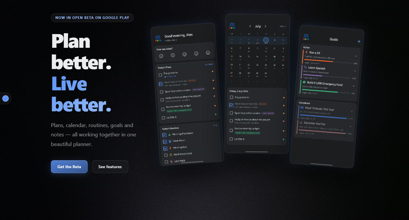 The Workflow Studio Hub website, showing three phones running the planner